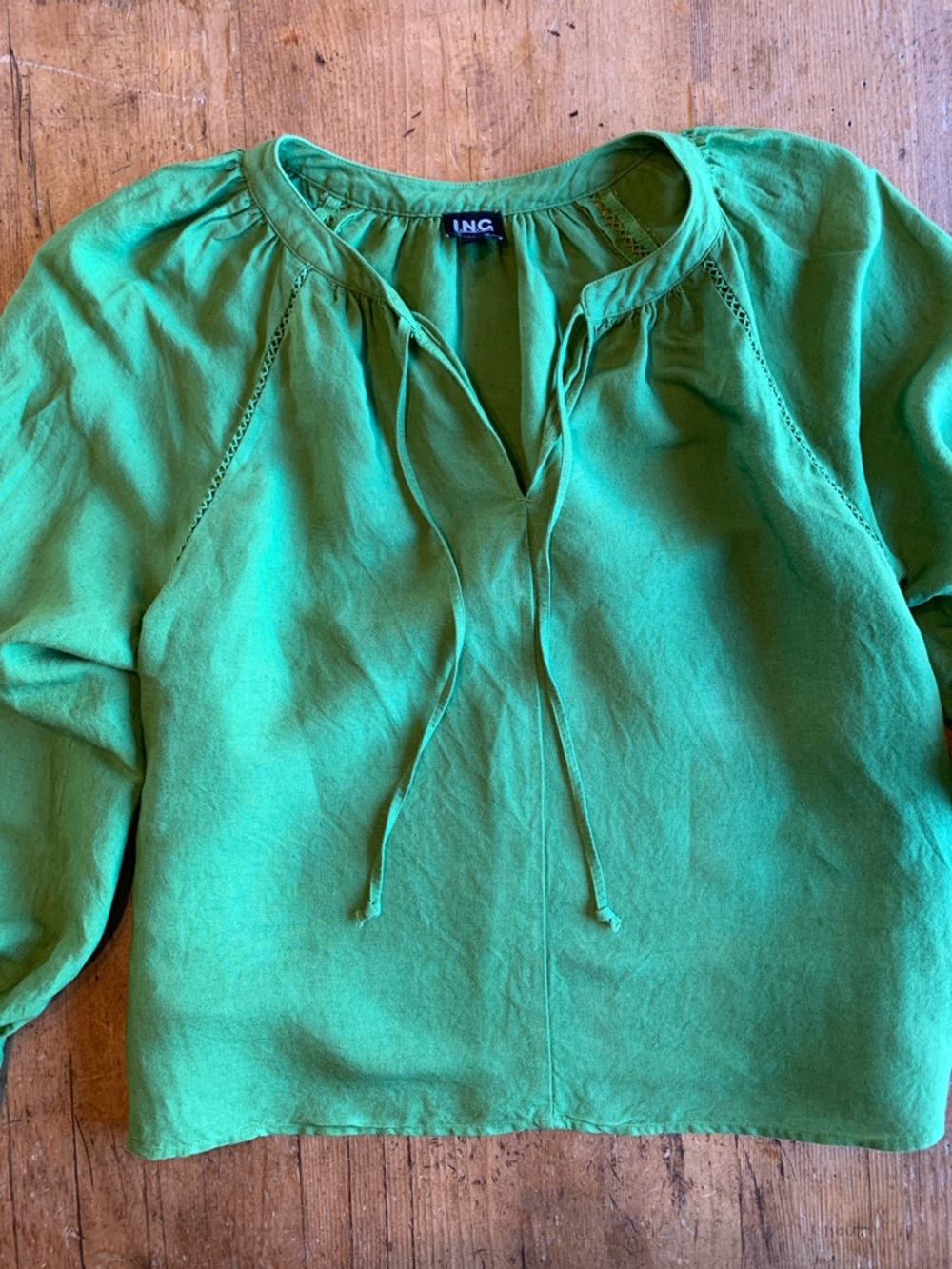 INC International Concepts Emerald Green Tie-Front Peasant Top Linen Blend